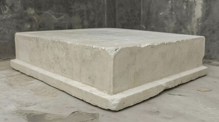 A solid concrete block platform stands on a light gray surface