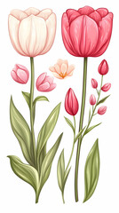 Obraz premium Pair of pastel tulips with buds and leaves, digitally painted. generative ai