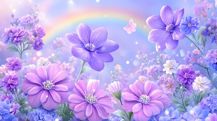 Pastel flowers, rainbow, butterfly, dreamy garden. generative ai