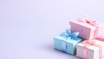 Obraz premium Pastel gift boxes with ribbons on light purple background. generative ai