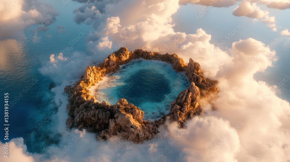 Poster aerial view of a small island surrounded by clouds and ocean. the island features rocky textures and