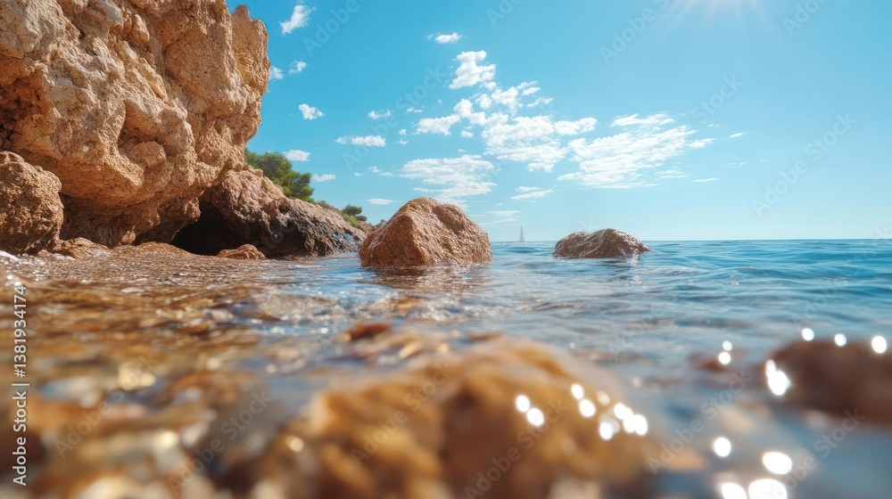 Poster close up view of rocky shore with clear turquoise water under bright blue sky and sunlight reflectin