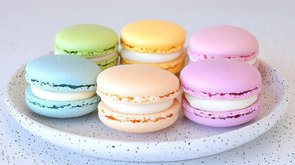 Pastel-colored macarons with creamy filling on speckled plate. generative ai