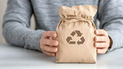 Person holding a recycled paper bag with a recycling symbol. generative ai