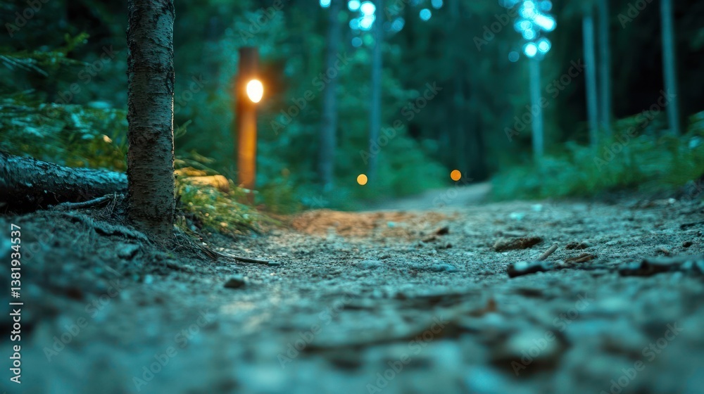 Leinwandbilder a forest trail at dusk with a warm glowing light, flanked by trees and leading into the dark woods w