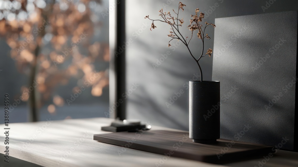 Poster decorative still life composition featuring a black vase with delicate brown twigs a wooden tray a t