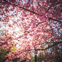 Beautiful cherry blossom tree pink flowers sun shining through branches spring nature photography background wallpaper