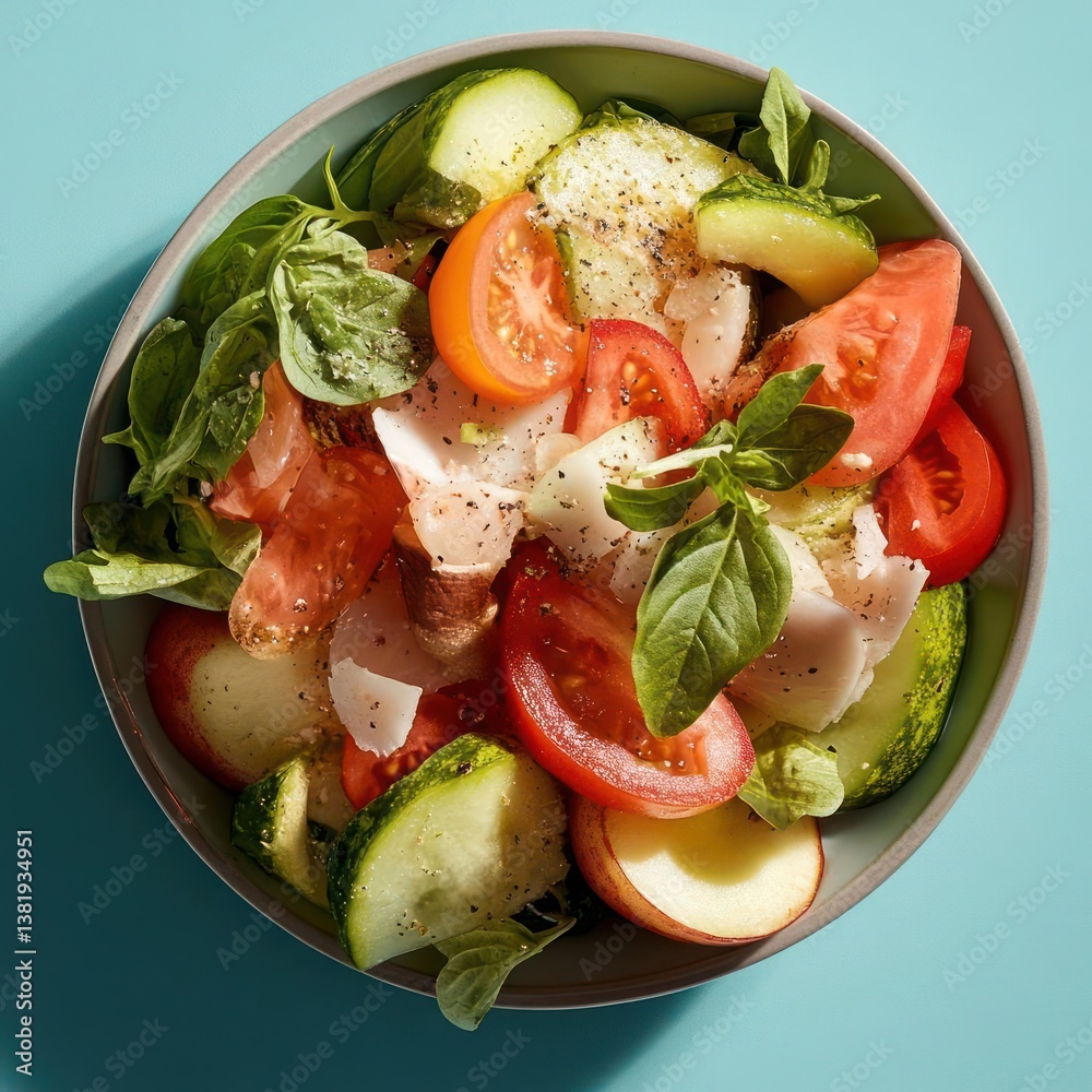 Poster overhead view of a colorful salad in a bowl features fresh tomatoes cucumbers basil leaves and parme