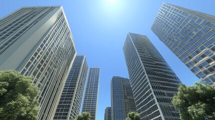 Fototapeta premium A Low Angle Shot Captures the Grandeur of Modern Skyscrapers with Blue Sky Overhead