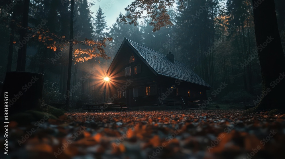 Poster rustic wooden cabin illuminated with warm light nestled within a dense autumn forest ground covered 