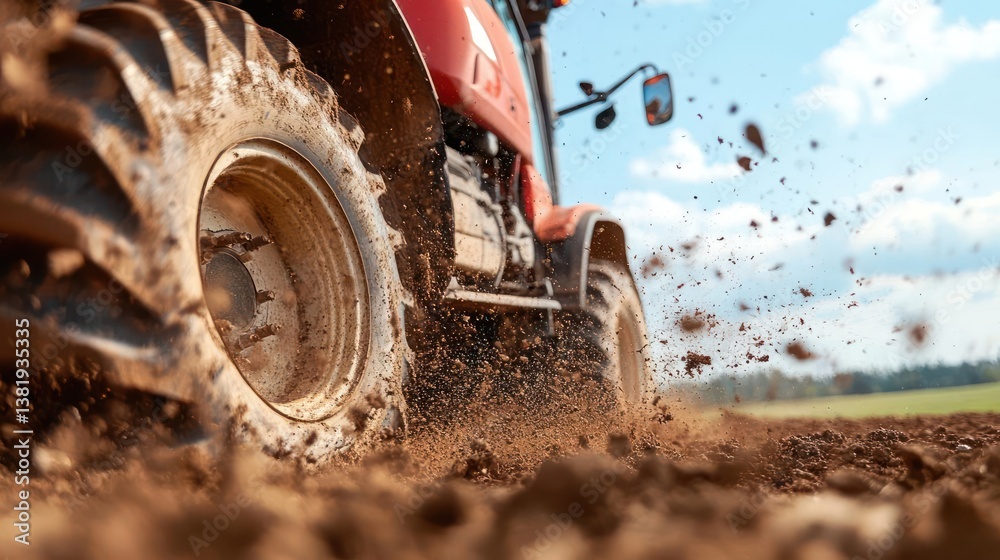 Poster close up of a red tractor tire churning through wet brown soil with dirt and water splashing under a