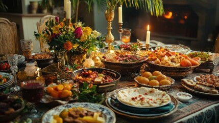 Festive Table Setting with Abundant Food and Candlelight