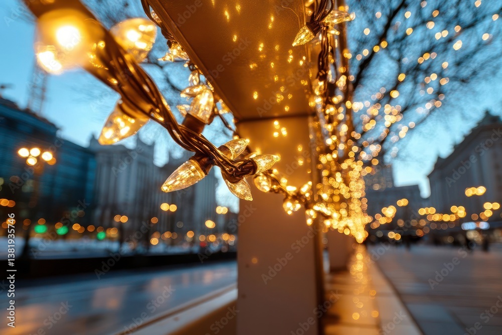 Aufkleber Close-up of warm white string lights decorating a building's edge in an urban environment with blurred cityscape background creating a festive mood