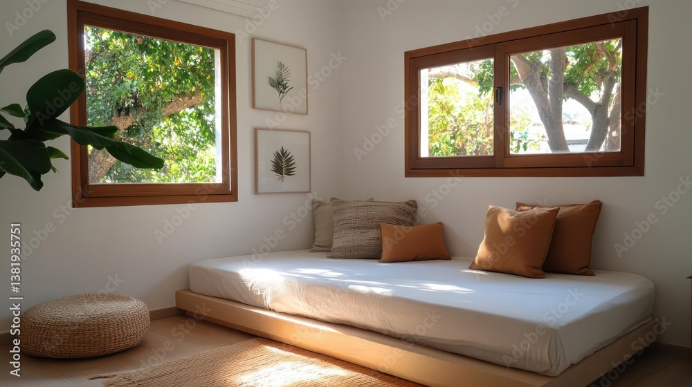 Poster interior scene with a daybed near windows framing greenery cushions and decor creating a bright and 