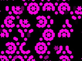 Abstract geometric background featuring a repeating pattern of pink hexagons and stars on a black background.