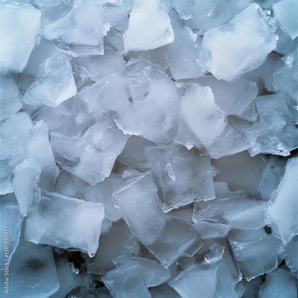 Poster close up of many ice cubes in blue and white. the image has a top down perspective with a clear focu