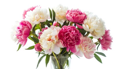 Peony bouquet, white and pink blooms in glass vase. Bright, isolated arrangement for floral or celebratory designs.