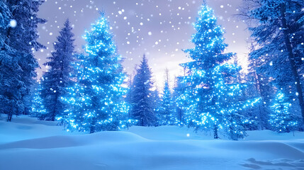 Naklejka premium Snowy winter forest scene with illuminated pine trees. generative ai
