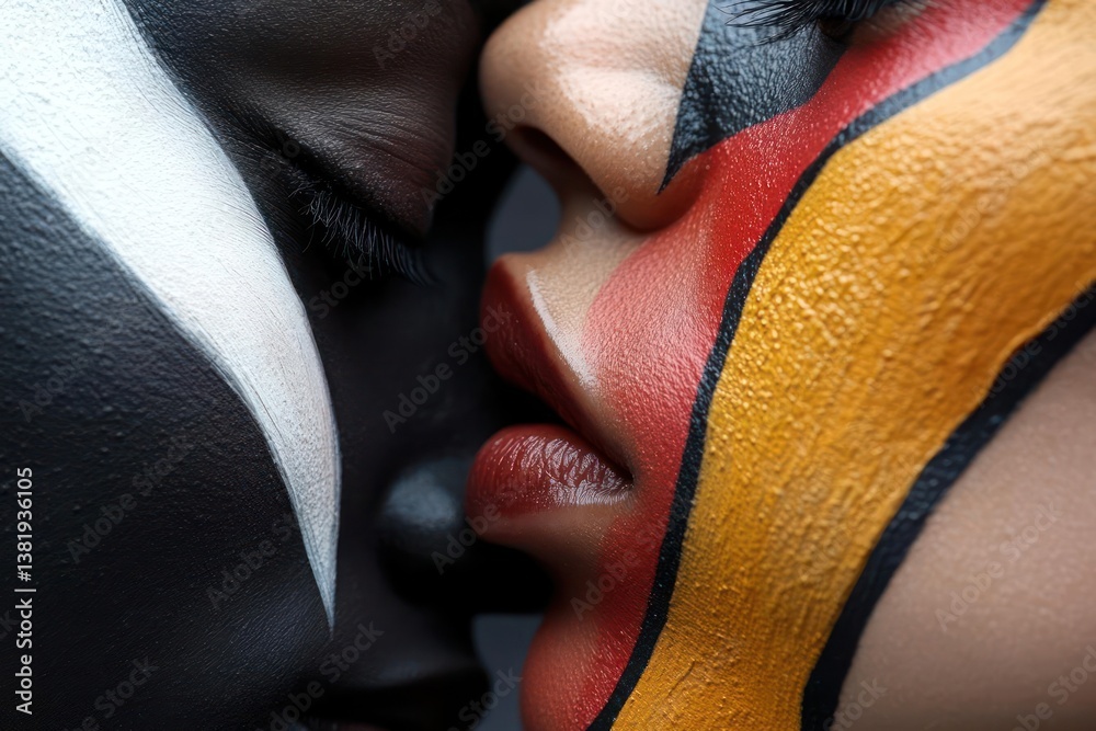 Poster close-up of two faces painted with contrasting colors black and white against red and yellow creatin