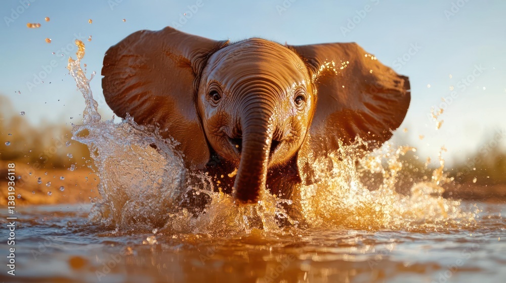 Poster young animal splashing in water with brown skin and big ears in a sunny environment. water droplets 