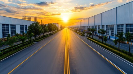 A high-resolution aerial view showcases the efficient layout of a modern factory complex at sunset, highlighting optimized design and streamlined production processes with
