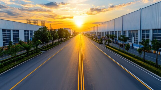A high-resolution aerial view showcases the efficient layout of a modern factory complex at sunset, highlighting optimized design and streamlined production processes with