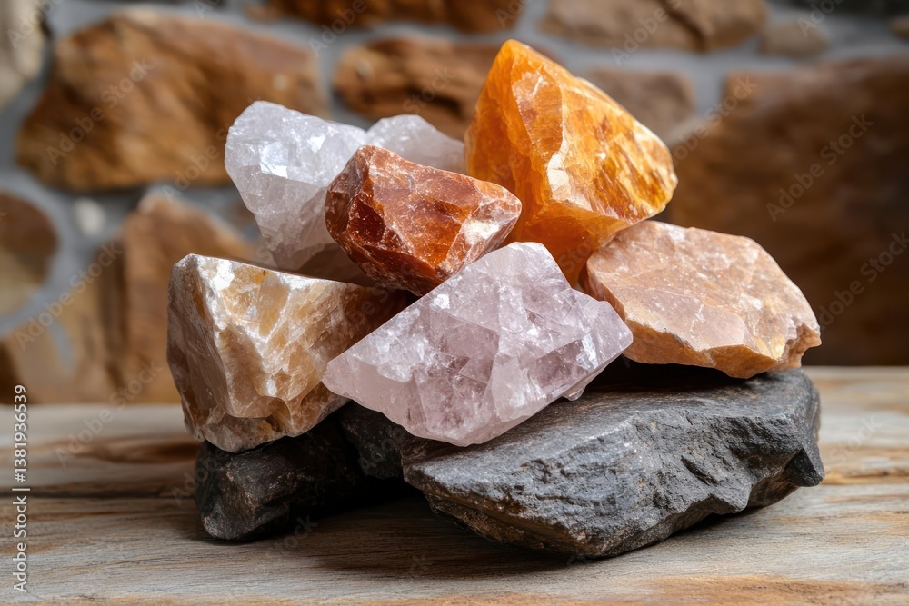 Poster Collection of assorted crystals in different colors on a wooden surface with stone background studio lighting