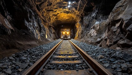 Naklejka premium Train Moving Through Dark Rock Tunnel