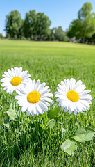 Three white daisies in a sunny green field. generative ai