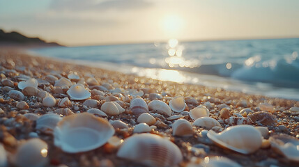 Seashells on sandy beach at sunset, ocean waves