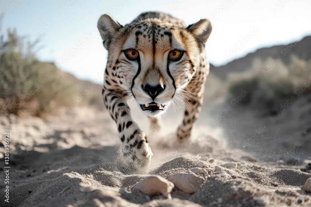 Aufkleber Close up of feline running fast toward camera with direct eye contact in desert scene with shallow depth of field