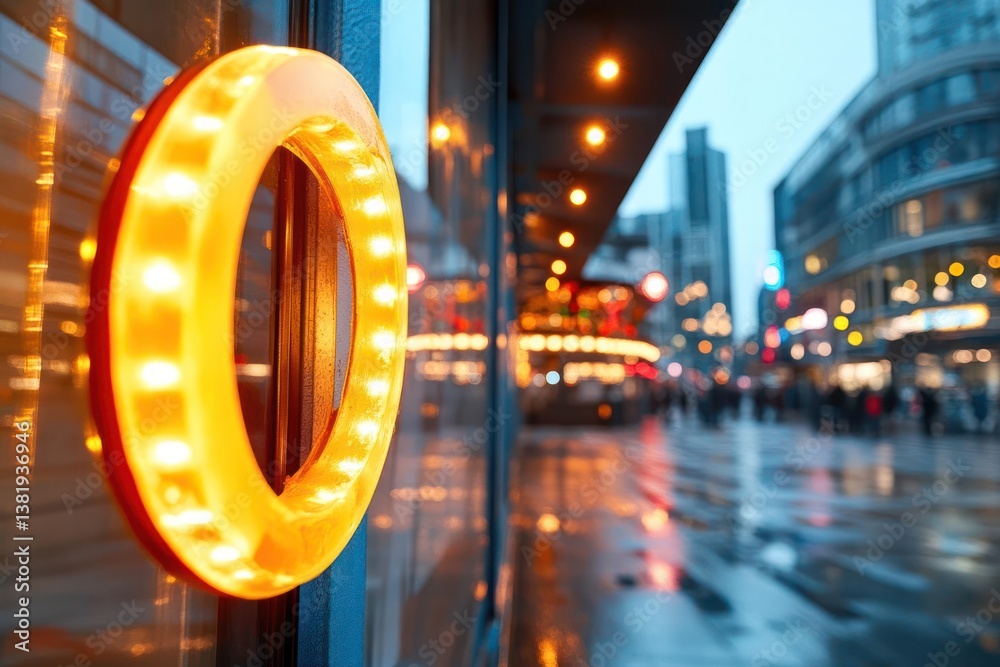 Poster illuminated circular sign with lights reflecting on wet street with blurred city background and pede