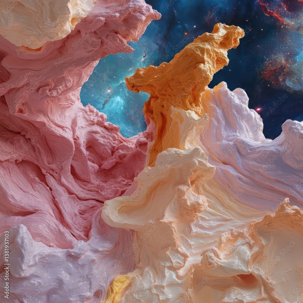 Fototapete Abstract landscape featuring colorful textured formations against a cosmic nebula background. Rendered with detailed textures and vibrant hues creating a surreal and imaginative scene