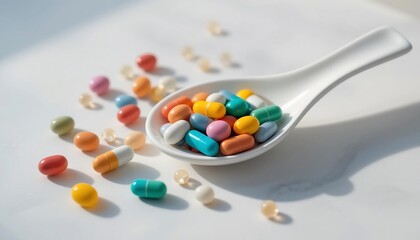 Colorful Capsules and Tablets in White Spoon Healthcare and Medicine Concept