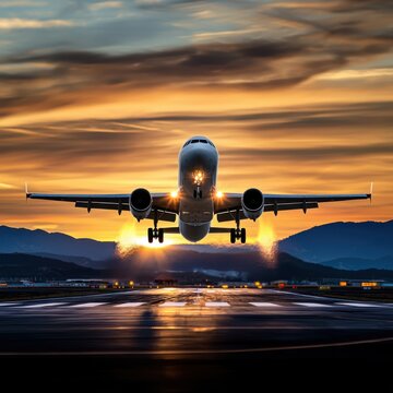 A majestic airplane takes off at sunset, soa into a dramatic sky with vibrant colors and breathtaking mountain views, showcasing the power and beauty of air travel.