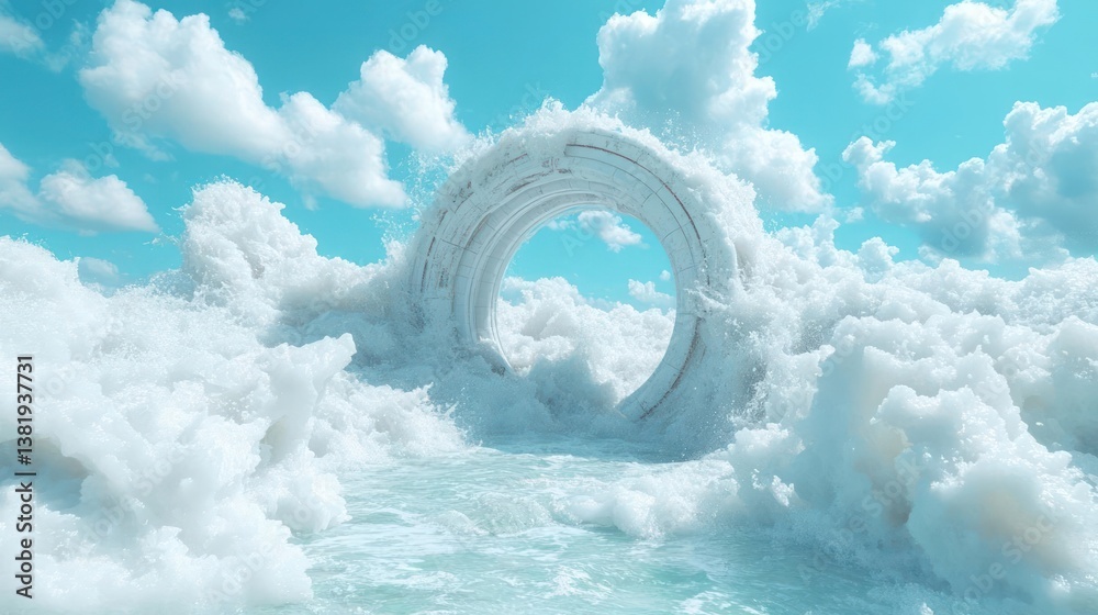 Poster Abstract composition featuring a ring structure with a pixelated texture set against a backdrop of fluffy clouds and a serene blue sky