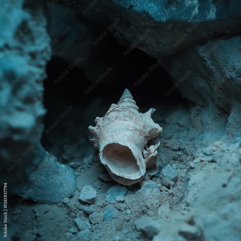 Fototapete A detailed view captures a solitary shell nestled within a textured rock crevice. The scene is bathed in cool, blue-toned lighting, creating a mysterious atmosphere. The shell is the focal point