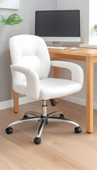 White swivel office chair with armrests, positioned at a light wooden desk in a home office. generative ai