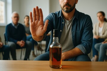 Man refusing alcohol during group therapy session for addiction