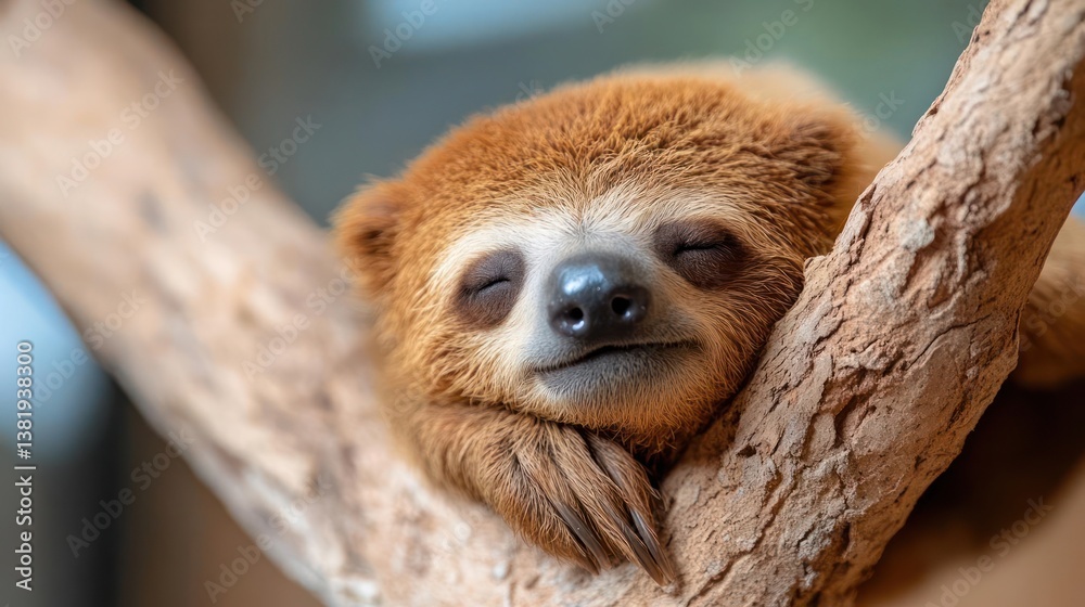Poster close up of a brown sloth resting peacefully on a tree branch with blurred background and soft light