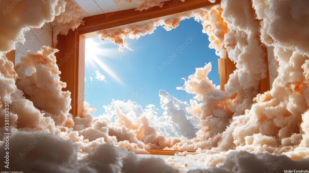 Aufkleber a bright sunny sky framed by a wooden window surrounded by soft white clouds. the composition featur