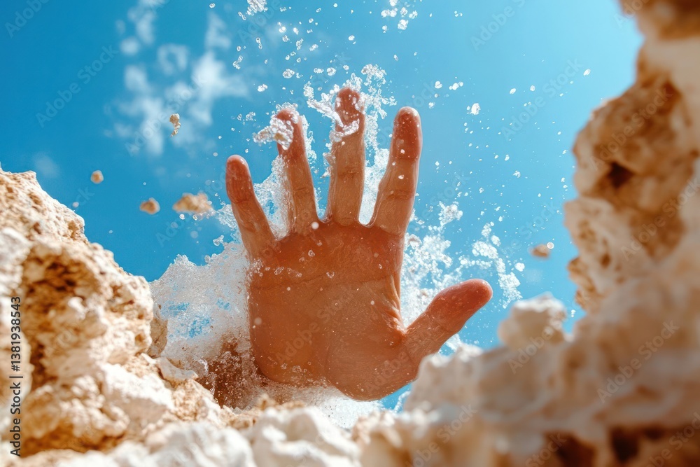 Aufkleber hand reaching up through splashing water and bright blue sky, with white rock formations in foregrou