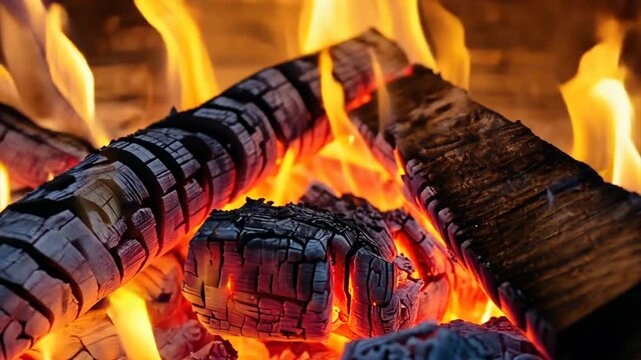 Wood burning in the fireplace. Fire with yellow and orange flame, fiery background