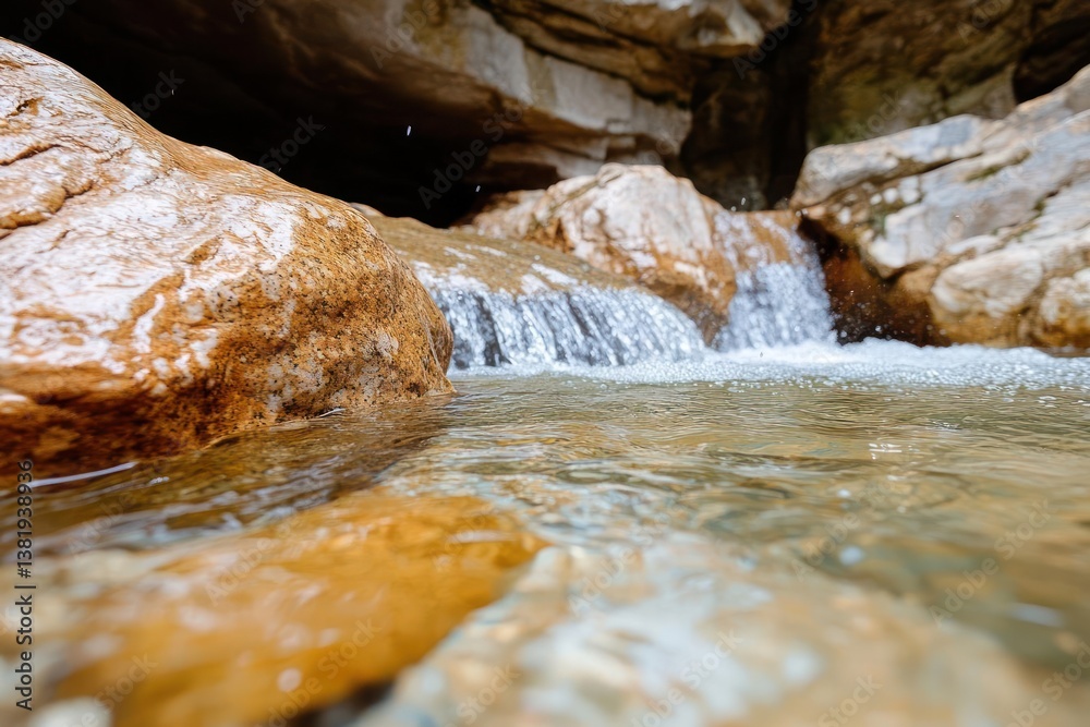 Poster Close up of a small waterfall cascading over rocks with clear water in sunlight. Details include the water's movement and rock textures