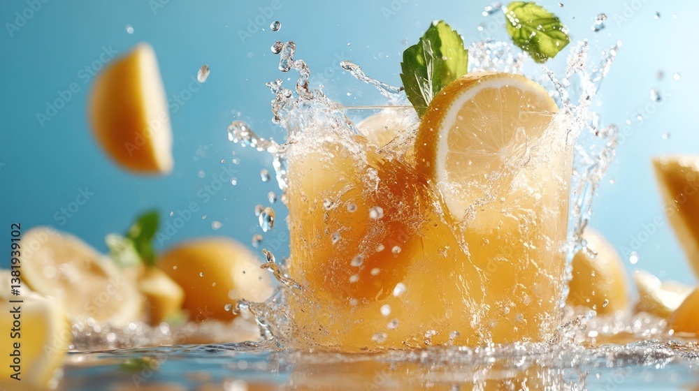 Poster a refreshing drink with splashing water lemon slices and mint leaves against a bright blue backgroun