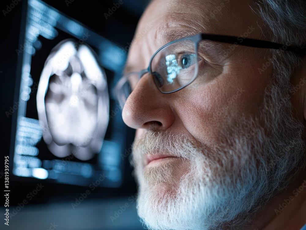 Leinwandbilder close up of a medical professional in glasses analyzing a brain scan on a computer screen in a dim e