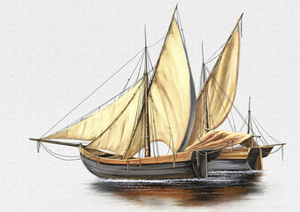 Paintings illustration on a white background, old wooden sailing ship, fishing sailing ship isolated, fine art