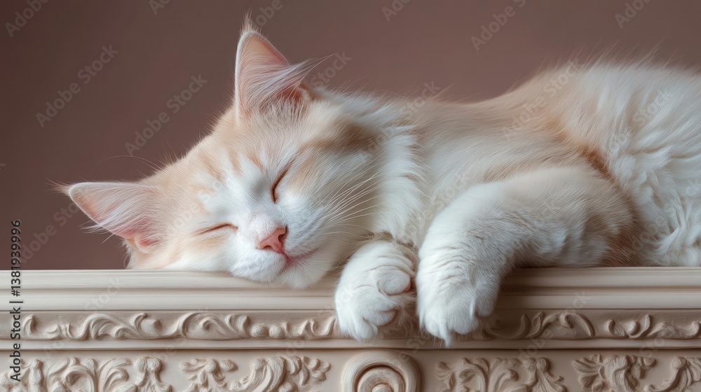 Poster A sleeping cat with closed eyes resting on a decorative ledge. The cat features soft peach and white fur, placed against a soft brown backdrop with soft lighting