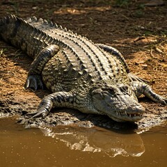 Fototapeta premium Crocodile resting near water edge wildlife photography reptile animal nature predator dangerous african croc