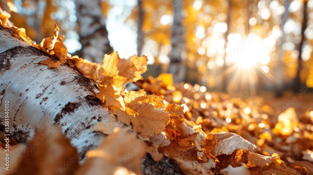Poster close up shot of a tree branch covered in golden leaves with a blurred autumnal forest background il